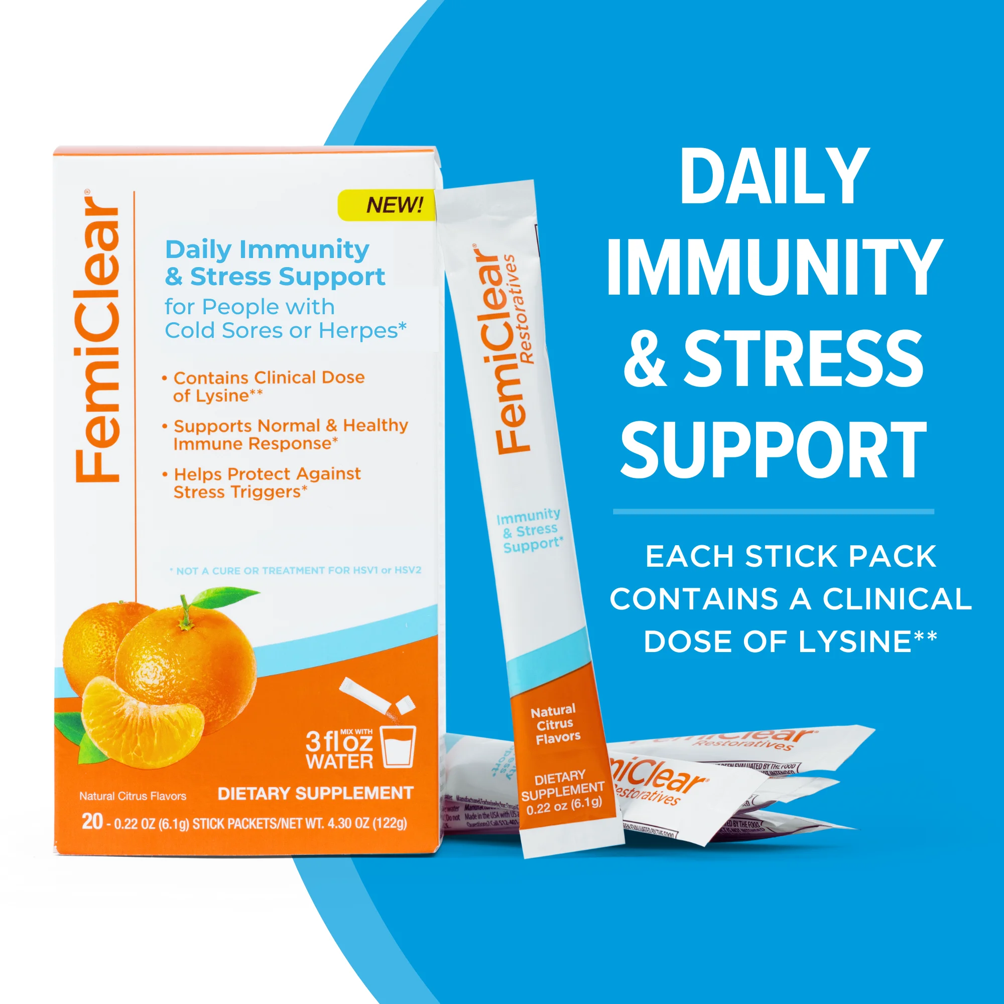 FemiClear Restoratives Immunity and Stress Support with L-Lysine Dietary Supplement Drink Mix 20ct