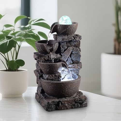 Indoor Tabletop Fountain with 4-Tier Stone Bowls, Rolling Crystal Ball & LED Lights – Tranquil Waterfall Decor for Home, Office or Zen Space (23066)