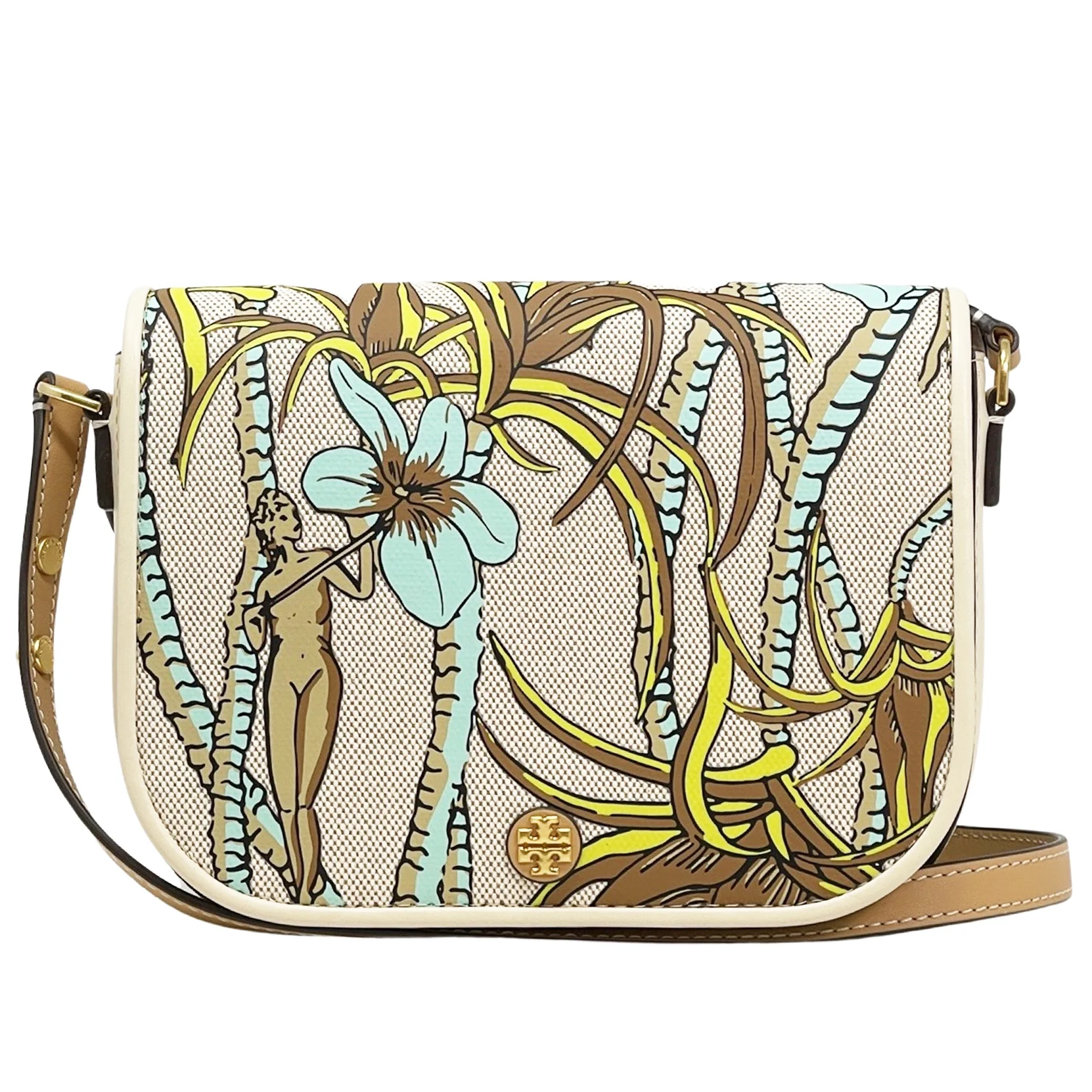 Tory Burch Women's Emerson Printed Canvas Convertible Crossbody Bag (Cream Brown Climbing Palms)