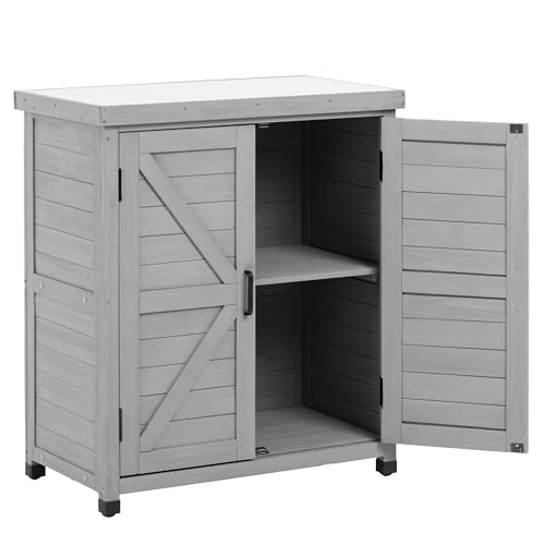 Potting Bench with Storage Cabinet and Metal Table Top for Outdoor Patio, Garden Furniture Wood Workstation (Farmhouse Brown, 31x17x36)