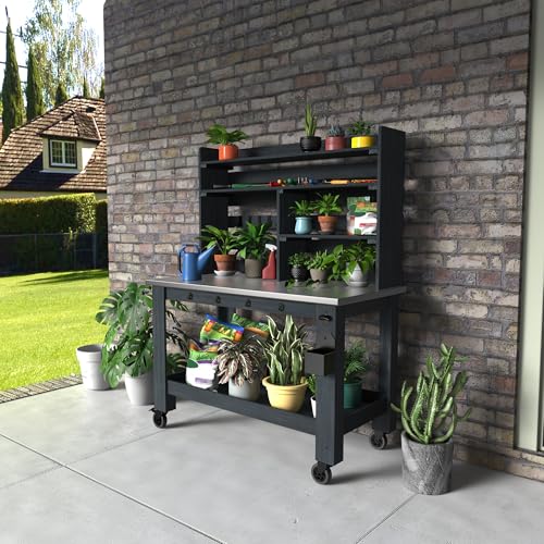 GDLF Potting Bench Table Large Outdoor Kitchen Island Prep Station with Stainless Steel Top Waterproof Cover, Hardwood, 66.9