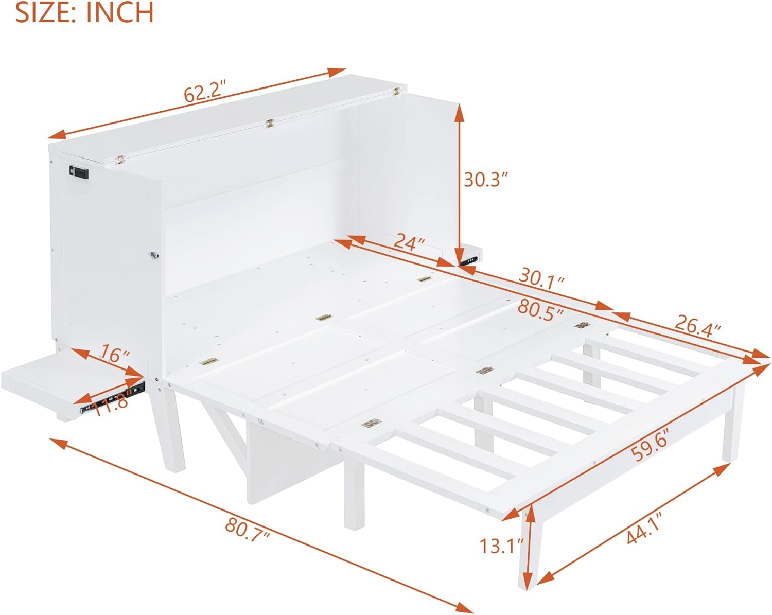 Murphy Bed Queen with Desk Board and Removable Shelves,Wooden Murphy Bed Cabinet with Charging Station, Space-Saving Modern Murphy Cube Wall Bed for Guest Room Home Office, White