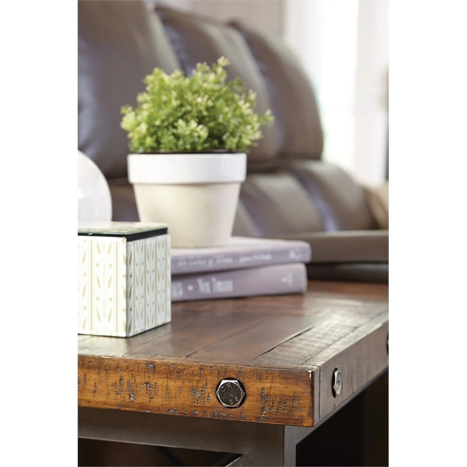 Homestyles Portman Brown End Table with Metal Frame and Exposed Bolt Heads