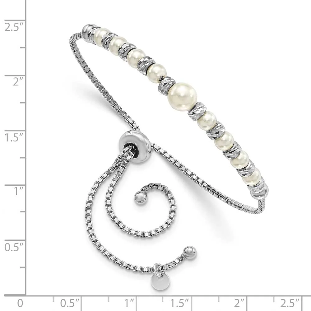 Sterling Silver Rhodium-plated D/C Beads with Swarovski Pearl Adjustable Bracelet