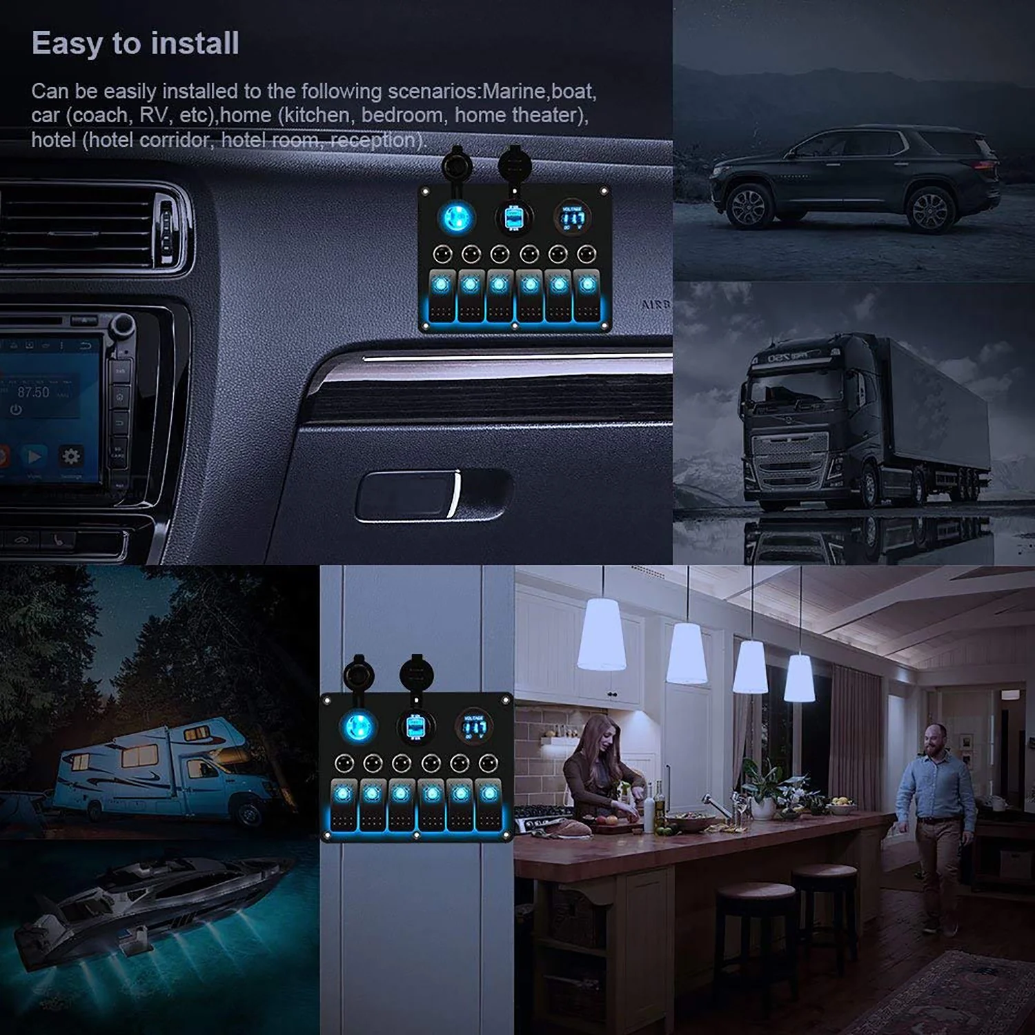 6 Gang Circuit LED Car Marine Boat Rocker Switch Panel Dual USB Waterproof Power Socket Breaker Voltmeter Overload Protection -Blue