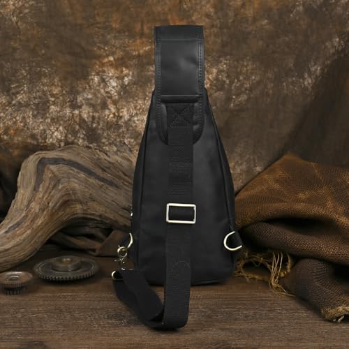 Le'aokuu Men Fashion Casual Tea Designer Travel Hiking Crossbody Chest Sling Bag Rig One Shoulder Strap Bag Men Leather 8015
