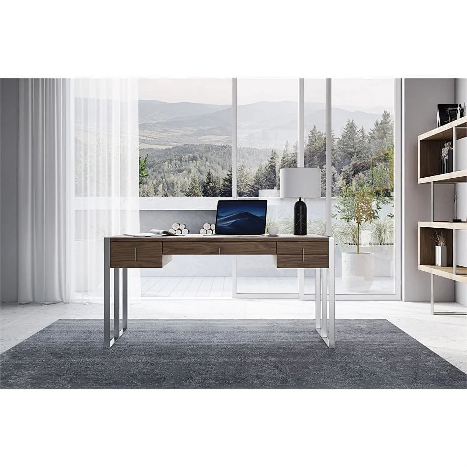 Modrest Orcutt 4-Drawer Modern MDF Wood & Stainless Steel Desk in Walnut