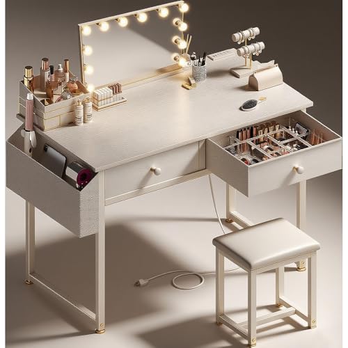 White Makeup Vanity Desk No Mirror with Chair, Small Vanity Table Set with Fabric Drawers, Power Outlet & Chair Without Mirror, Modern Make Up Desk for Girls Bedroom