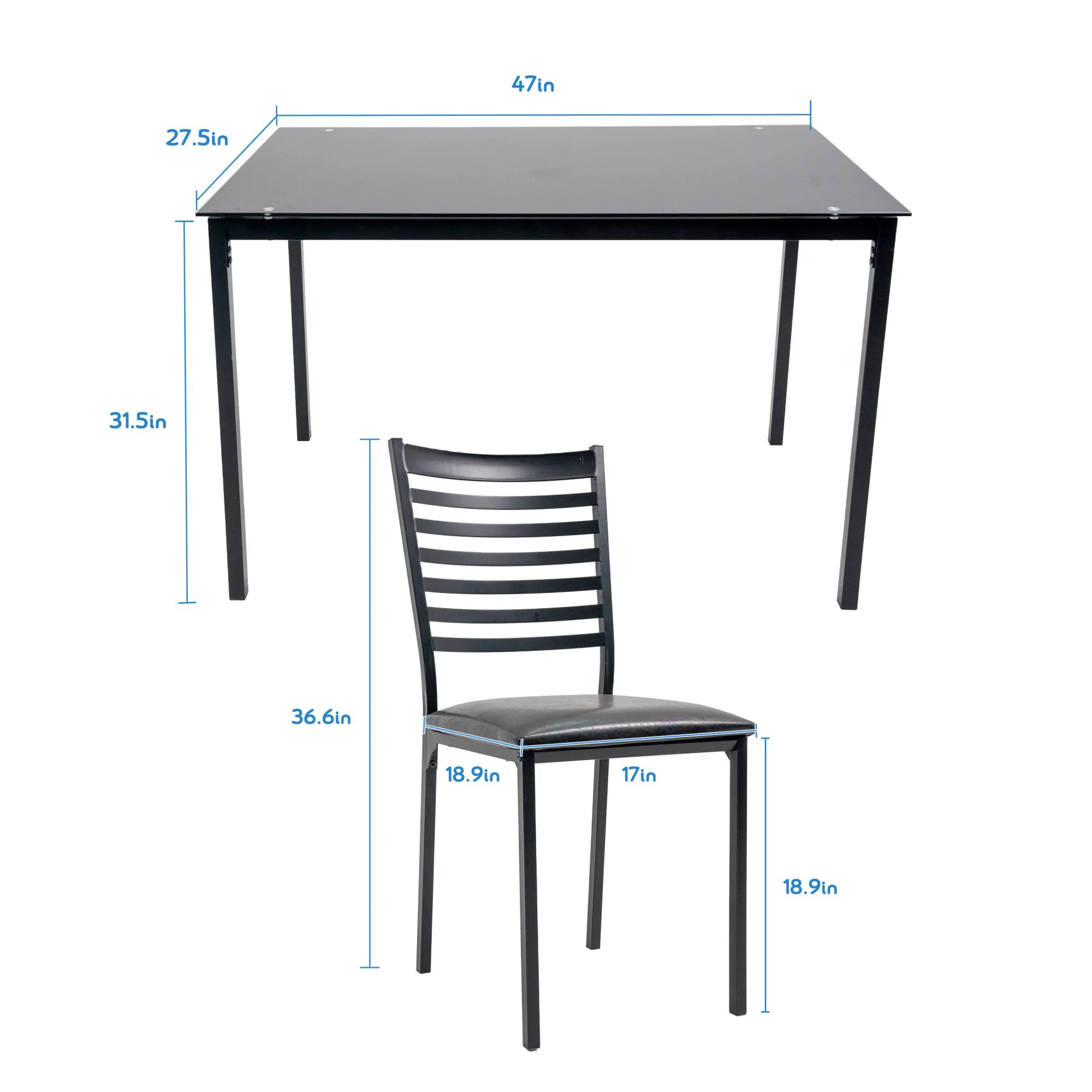 5 Piece Dining Table Set Kitchen 1 Table and 4 Upholstered Chairs Metal Frame Tempered Glass Top Black