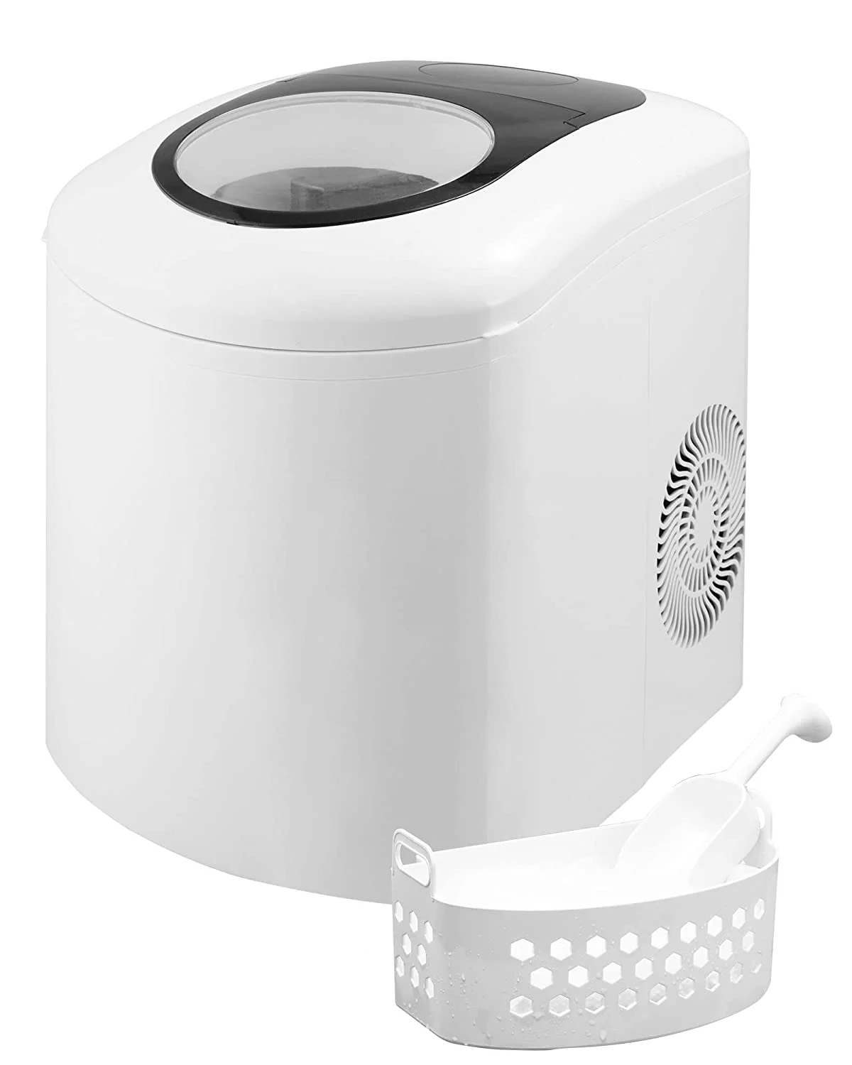 Ice Maker Countertop Machine, 26.5 lbs in 24 Hours, 9 Cubes Ready in 6 Mins, 2 Sizes of Bullet Ice, Electric Compact Potable Ice Maker with Basket and Ice Scoop for Home/Office/Bar (White)