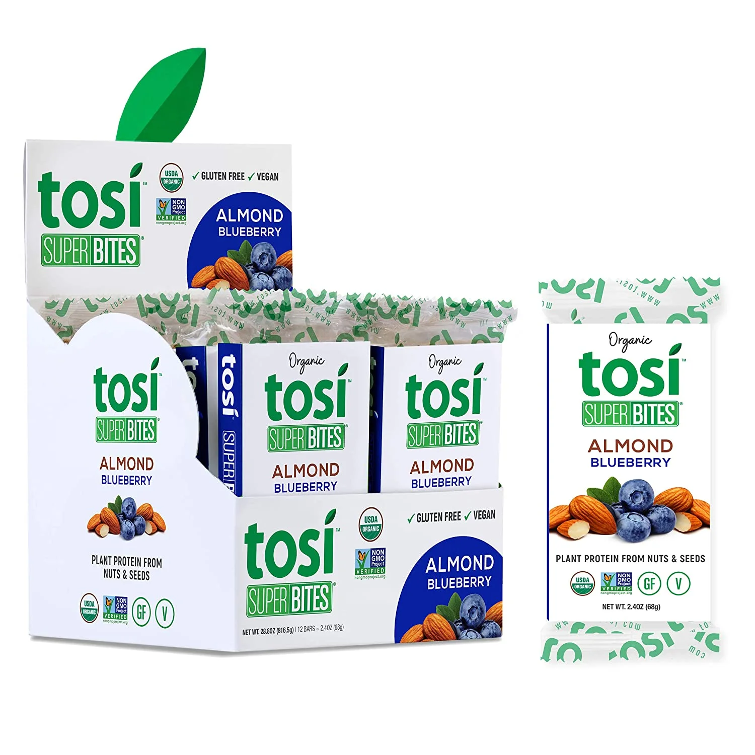 TOSI SuperBites, Gluten-Free Snack Bars, Almond Blueberry, Vegan, Organic, 2.4 oz, 12 bars