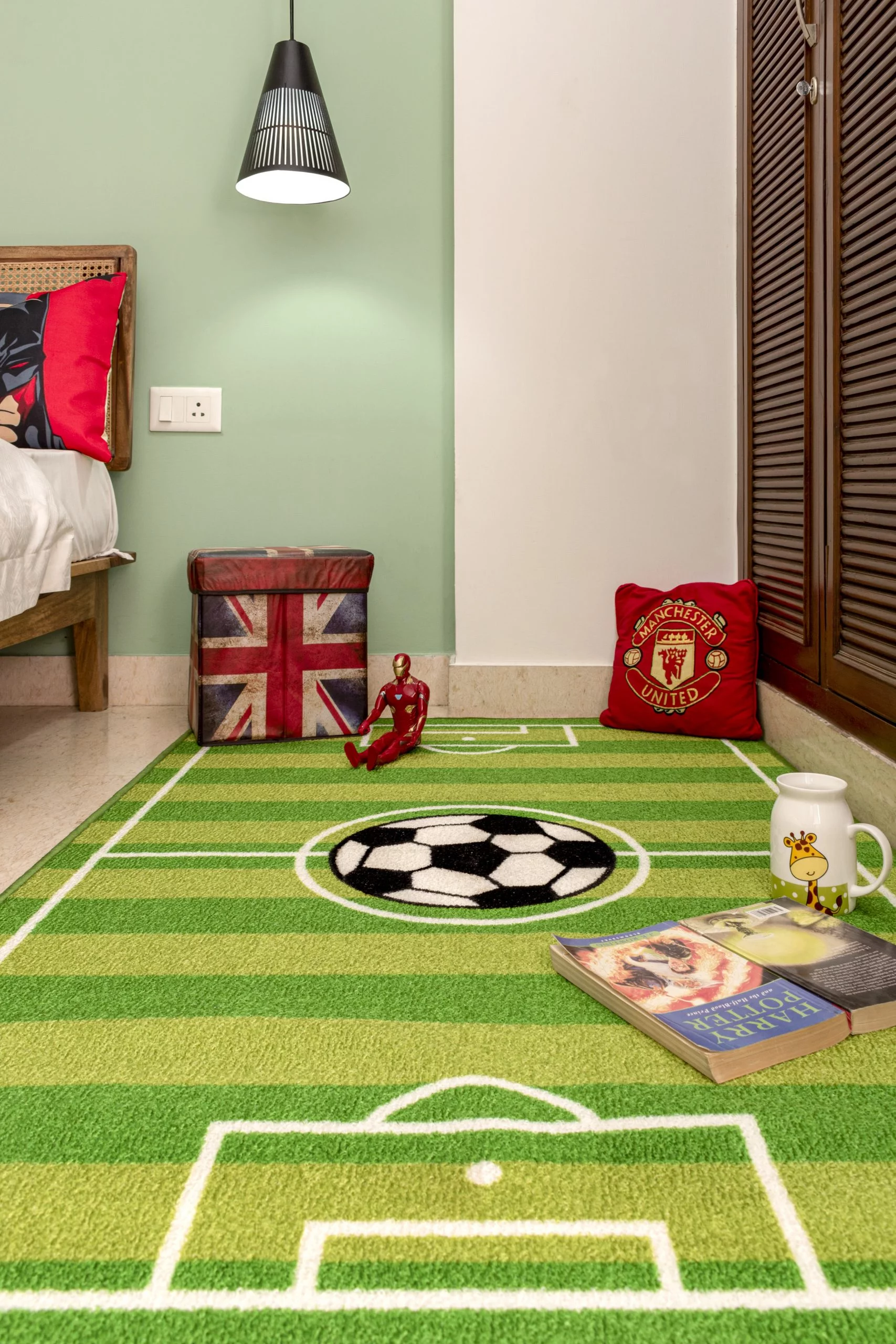 Furnish My Place Indoor Area Rug for kids - 2 ft. 2 in. x 3 ft., Green, Strips Soccer Rug with Jute Backing