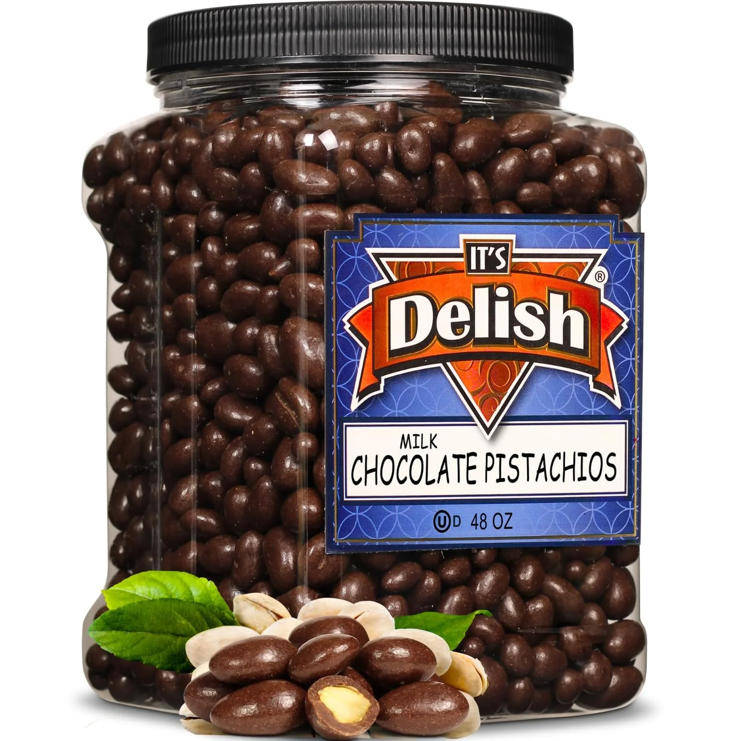 Milk Chocolate Covered Pistachios by It's Delish, 48 oz Jumbo Container,  Kosher Dairy Candy Nuts