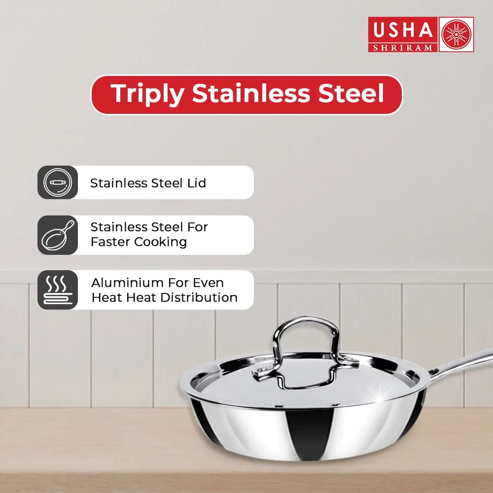 Usha Shriram Triply Stainless Steel Frying Pan With Lid (1.5L) | Stove & Induction Cookware | Heat Surround Cooking | Easy Grip Handles | Stainless Steel Fry Pan With Lid