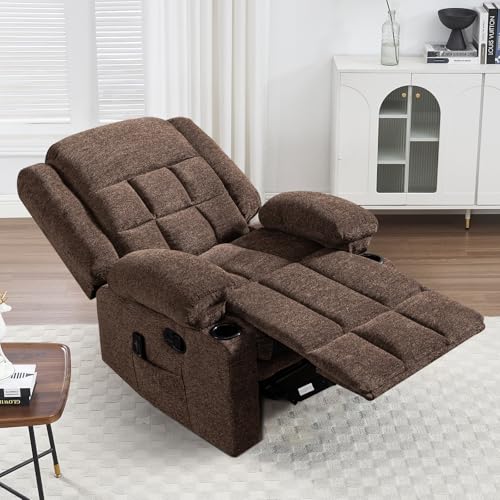 Phoenix Home Manual Recliner Chair with Massage and Heat, Ergonomic Breathable Fabric Lounge Chair for Living Room Bedroom, Comfy Overstuffed Recliners with 2 Side Pockets, 2 Cup Holders, Brown