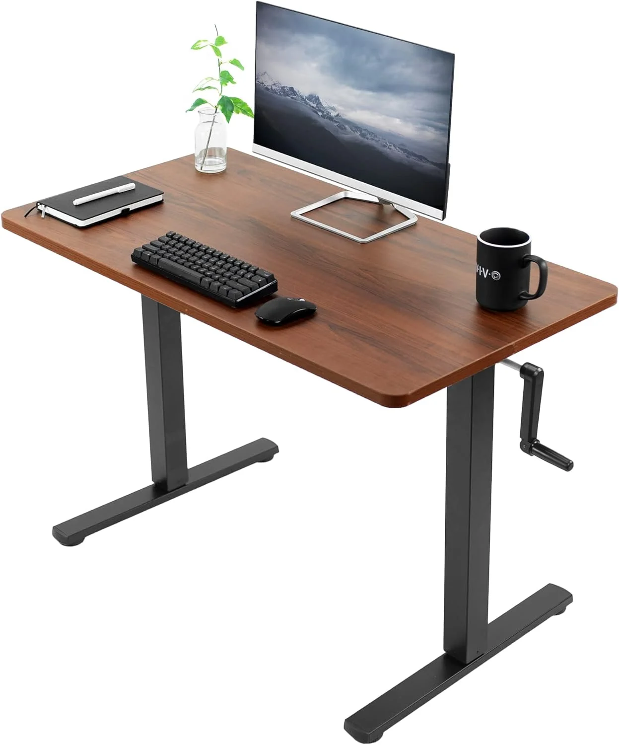 Manual Height Adjustable 43 X 24 Inch Stand Up Desk, Dark Walnut Solid One-Piece Table Top, Black Frame, Standing Workstation With Hand Crank, DESK-KIT-CB4D