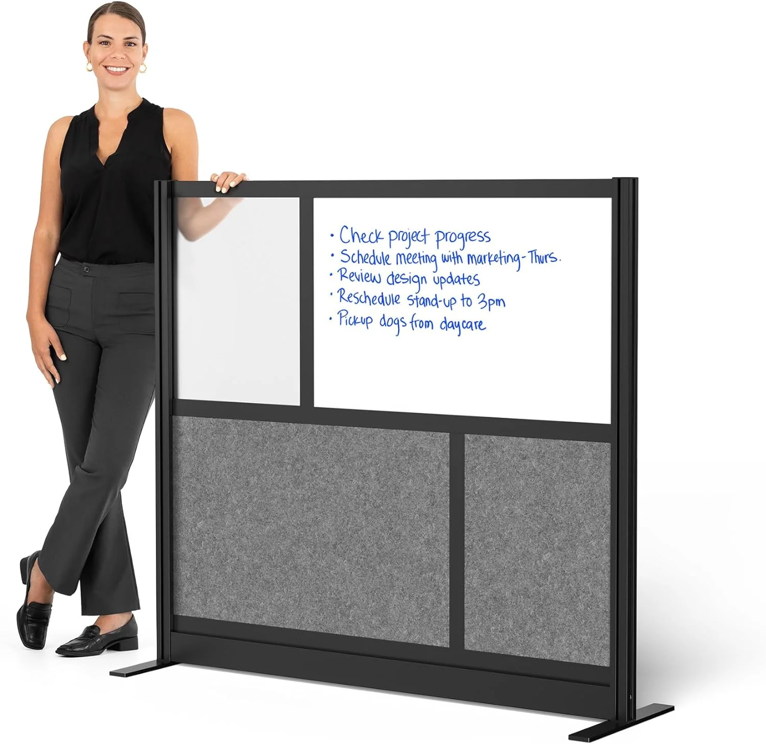 Stand Up Desk Store Modular Wall | 53in x 48in Starter Wall | Expandable Partition Room Divider with Rearrangeable Whiteboard, Frosted Acrylic, & Sound Absorbent Panels (Black Frame)