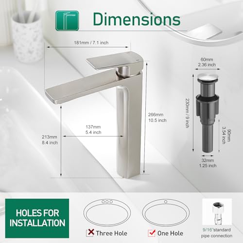 VOTON Vessel Sink Faucet Matte Black Tall Bathroom Faucet Single Handle Vanity Bathroom Sink Faucet 1 Hole Basin Mixer Tap with Water Supply Hose and Pop Up Sink Drain