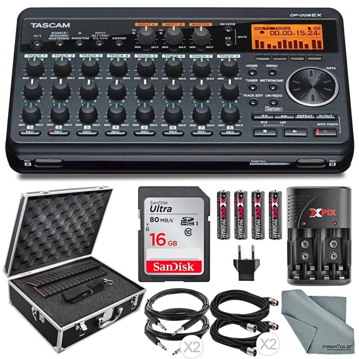 Tascam DP-008EX 8-Track Digital Pocketstudio Bundle with Protective Case +Rechargerbale Batteries u0026 Charger + Cables + 16 GB