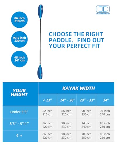 OCEANBROAD Kayak Paddle 86in/218cm, 90.5in/230cm, 95in/241cm Alloy Shaft Kayaking Boating Canoeing Oar with Paddle Leash