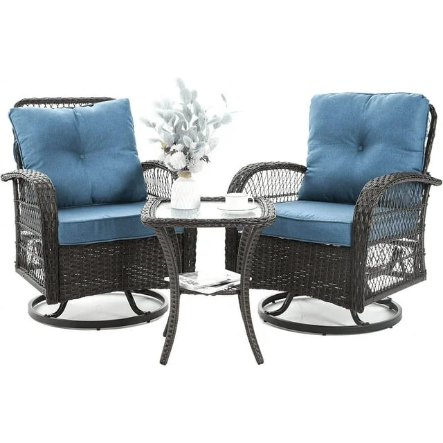 ECOPATIO 3 Pieces Patio Furniture Set, Outdoor Swivel Gliders Rocker, Wicker Patio Bistro Set with Rattan Rocking Chair, Glass Top Side Table and Thickened Cushions for Porch Deck Backyard(Blue)