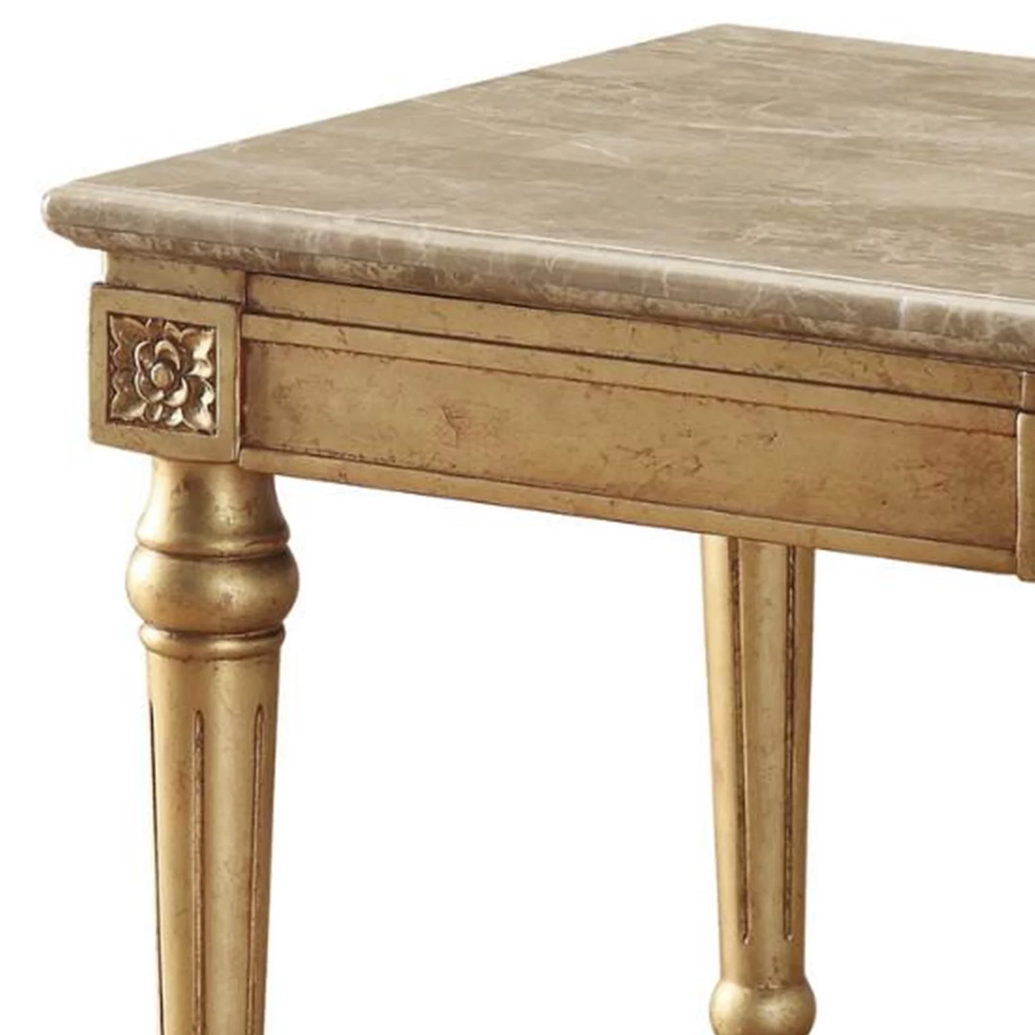 Benzara Marble Top End Table With Fluted Detail Wooden Turned Legs, Gold