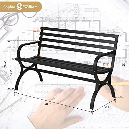 Outdoor Garden Bench Patio Park Bench, Metal Frame Furniture With Backrest And Armrests For Porch Yard Lawn Deck, Black