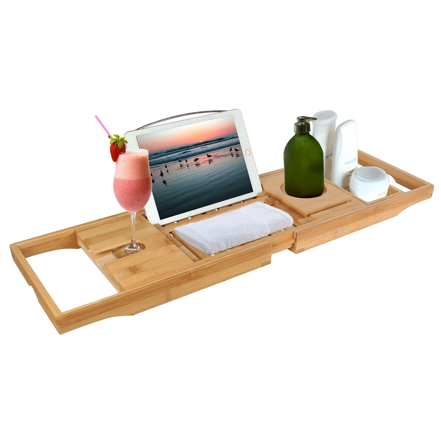 Bathtub Caddy Tray Table with Expandable Sides for Bathroom iMounTEK Natural Bamboo Organizer Bath Tray Table 1 Shelf