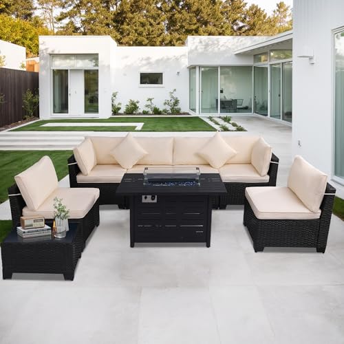 KIGOTY Patio Furniture Set 7 Pieces Conversation Sets, Outdoor Sectional Sofa, All-Weather PE Rattan Modular Sofa with Cushions and Glass Coffee Table（Coffee/Dark Blue,C）