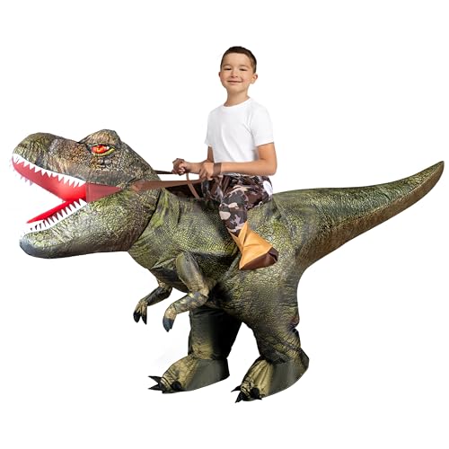 Spooktacular Creations T-Rex Inflatable Costume for Kids, Funny Air Blow Up Costumes, Digital Printing Ride-On Dinosaur for Halloween Parties, (Green M)