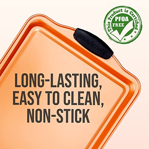 Nutrichef Nonstick Small Cookie Baking Sheet, Smooth Silicone Coating with Red Silicone Handles, Kitchen Essential, Durable Sheet Pan, Dishwasher Safe, PFOA, PFOS, PTFE Free, 13.38’’ × 8.66’’ × 0.59’’