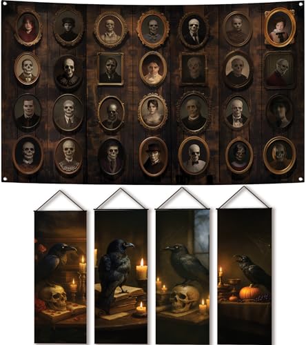 KatchOn Halloween Wall Banner Bundle – Spooky Raven And Skull Stretching Portraits (47x16) And Dark Brown Horror Backdrop (72x44) | Gothic Wall Decor And Photo Backdrop for Halloween Party Decoratio
