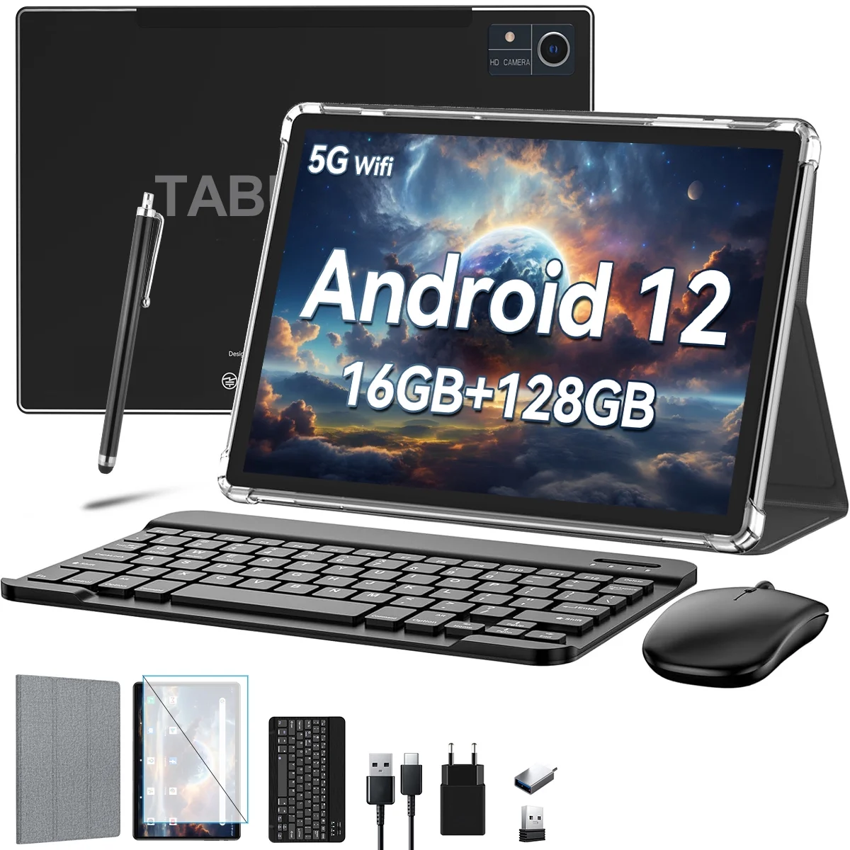 Tablet, 10.1 inch Android Tablets,Android 12 Tablet,16(8+8)GB RAM 128GB ROM,8MP+13MP Camera,1280x800 IPS Google Tablets