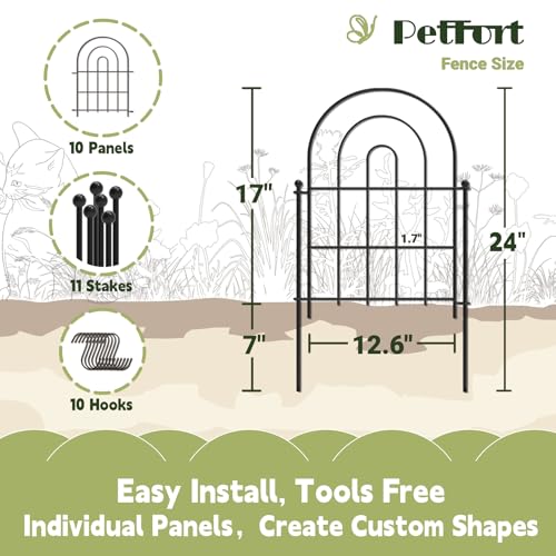 Garden Fence Panels, 24 in (High) x 10 ft (Long) Metal Landscape Fencing for Animal Barrier, 10 PCs Decorative Flower Bed Border Fences with Hooks