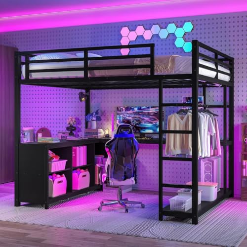 Queen Metal Modern Loft Bed with Wardrobe, L-Shaped Desk, Storage Cubes and Shelves, Black