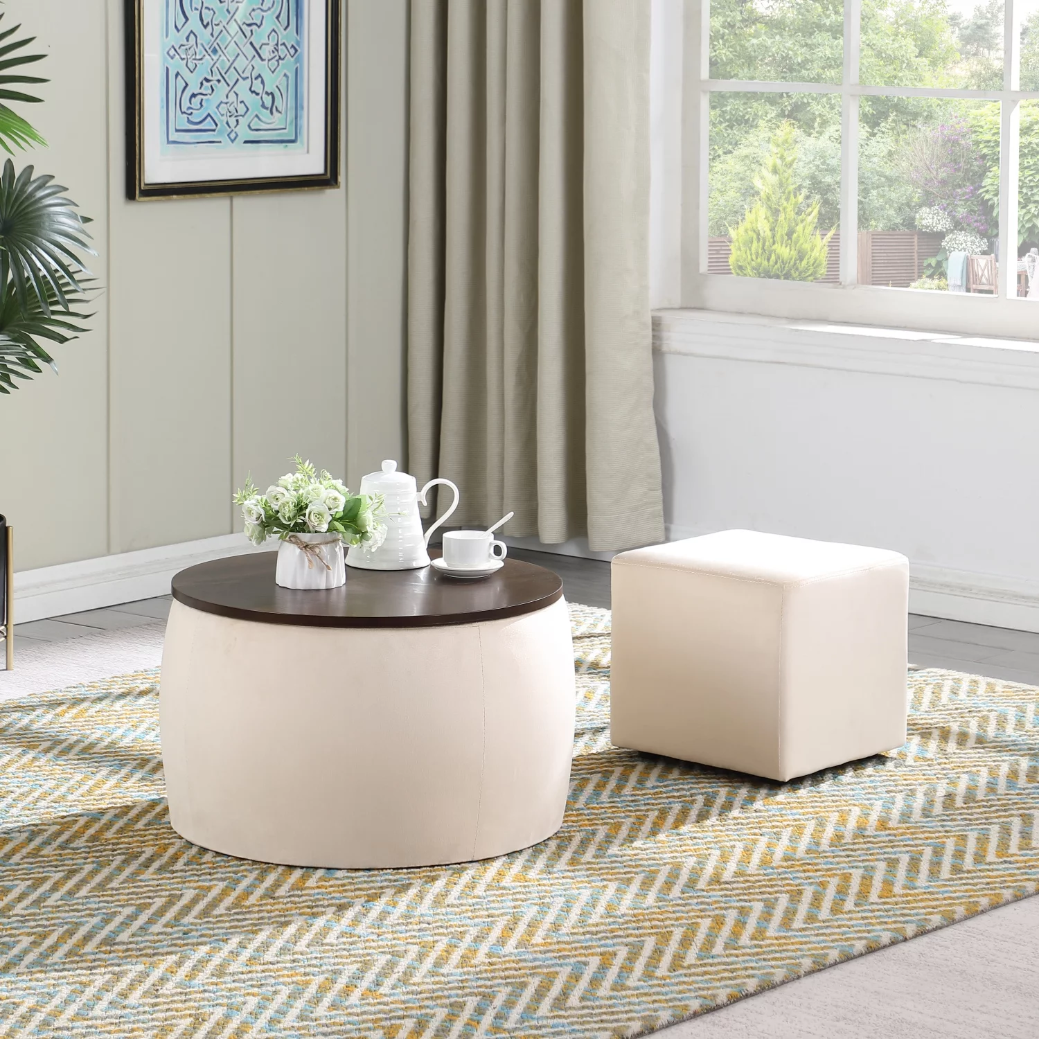 Tomile Modern Round Coffee Tables, Round Ottoman Set with Storage, 2 in 1 Combination, Square Foot Rest Footstool for Living Room Bedroom Entryway Office-Beige