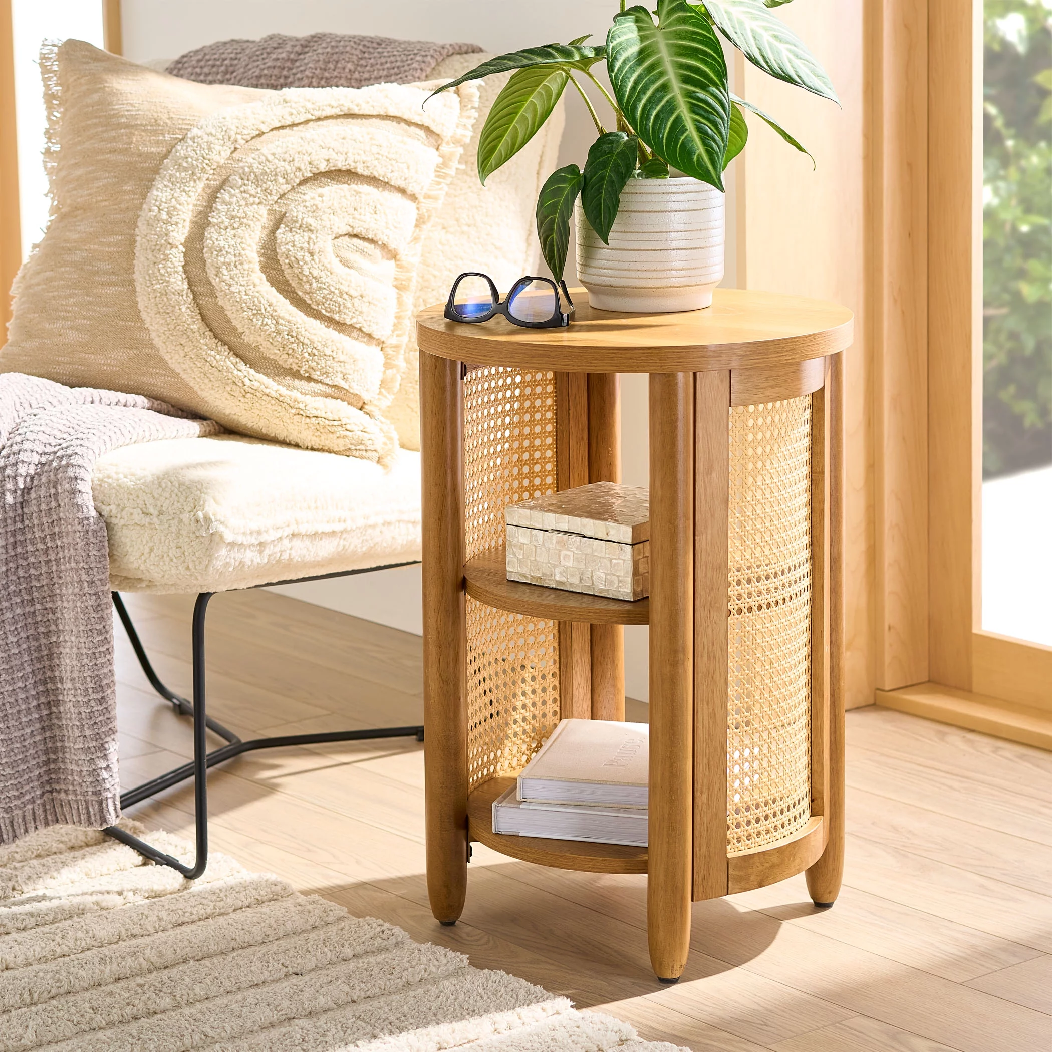 Better Homes & Gardens Springwood Caning Side Table, Light Honey Finish