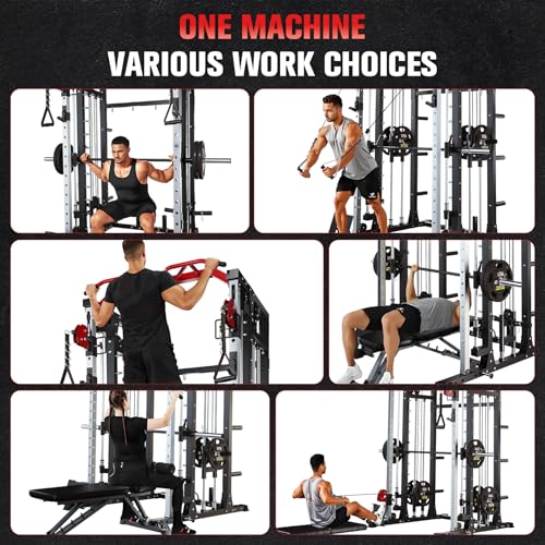Smith Machine - 2200lbs Squat Rack Home Gym with LAT-Pull Down System & Cable Crossover Machine - Training Equipment with Leg Hold-Down Attachment