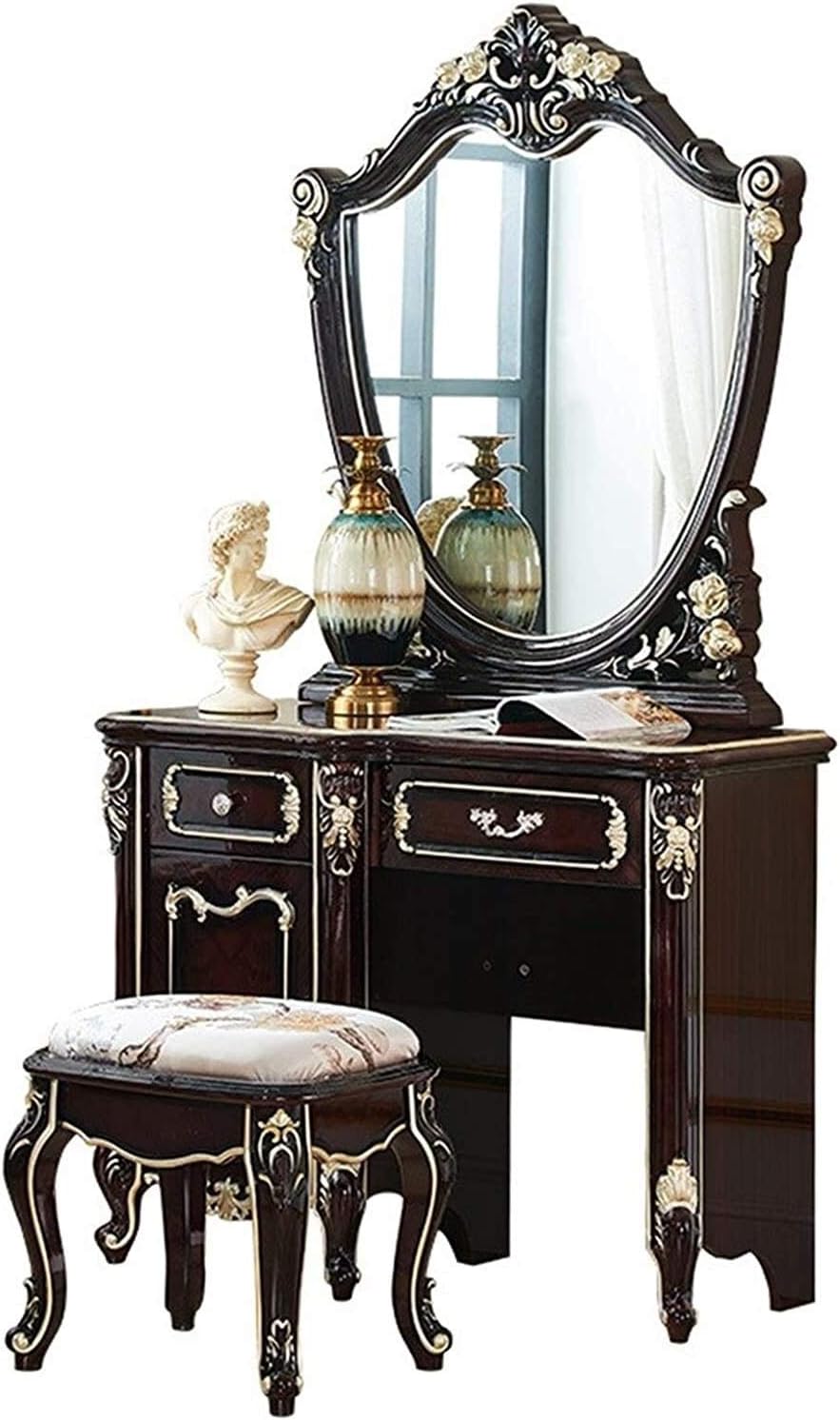 Luxury Dressing Vanity Table w/Stool for Bedroom, 2 in 1 Makeup Vanity Desk European Style Dressing Table Small Apartment Mini Bedroom Dressing Cabinet for Girls