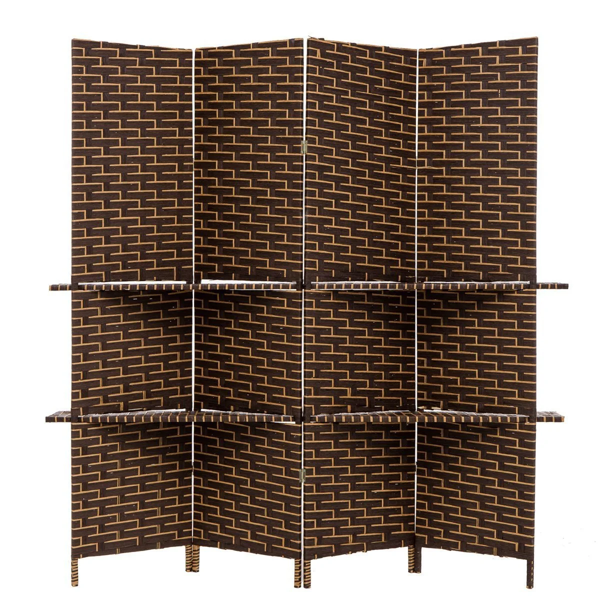 THY COLLECTIBLES Freestanding Woven Bamboo 4 Panels Hinged Privacy Panel Screen Partition Wall With 2 Display Shelves Holding Room Divider With Shelves-Bamboo (Darkmocha)