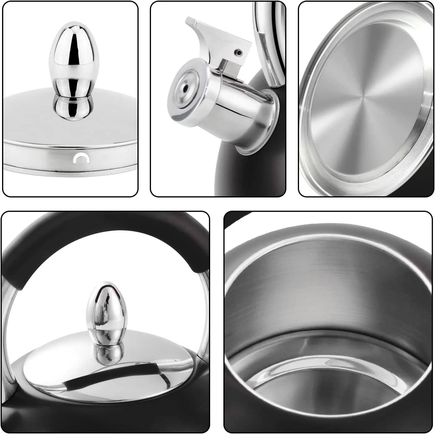 H Haus Roland Whistle Tea Kettle Stainless Steel Teakettle Teapot with Ergonomic Silicone Handle Tea Pots for Stove Top 3.2 Quart / 3 Liter Black