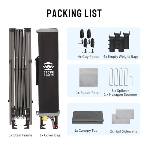 CROWN SHADES 10x10 Pop up Canopy Tent Instant Canopy with 150D Silver Coated Fabric Including 2 Half Sidewalls, 4 Ropes, 8 Stakes, 4 Weight Bags, STO 'N Go Bag, Grid Grey