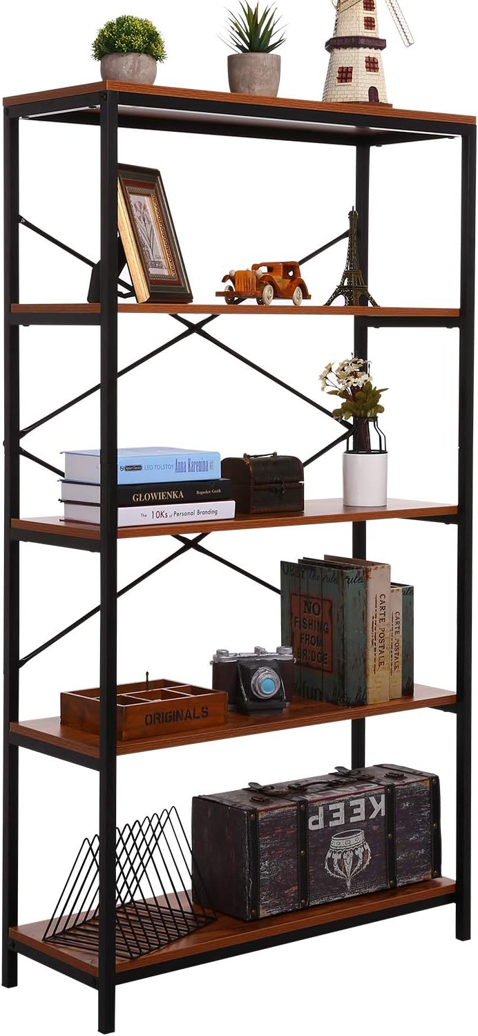 5-Tier Industrial Style Bookshelf and Bookcase, Vintage 5-Shelf Industrial Bookshelf Furniture (US Stock)