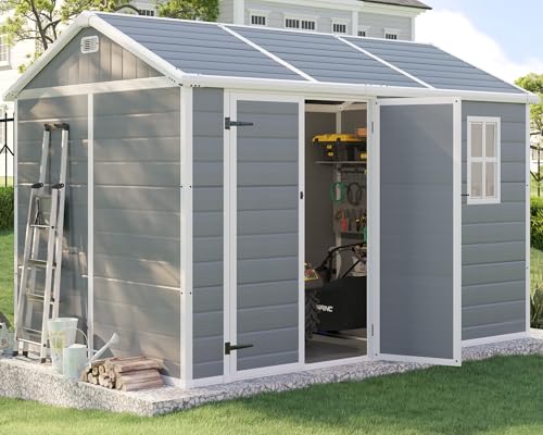 10.5x7.6x7.5 ft Outdoor Resin Storage Shed with Floor, Windows & Air Vents, Large Waterproof Tool Shed for Garden, Backyard, Lawn Equipment & Bikes, Grey