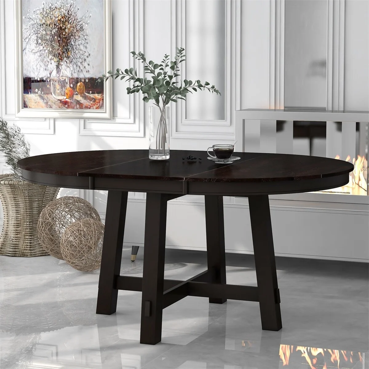 MERAX  Farmhouse Round Extendable Dining Table Espresso