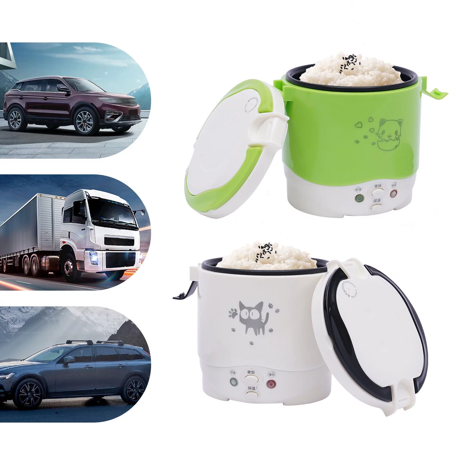 1L Car Mini Travel Lunch Box Electric Rice Cooker Steamer White/Green 12V