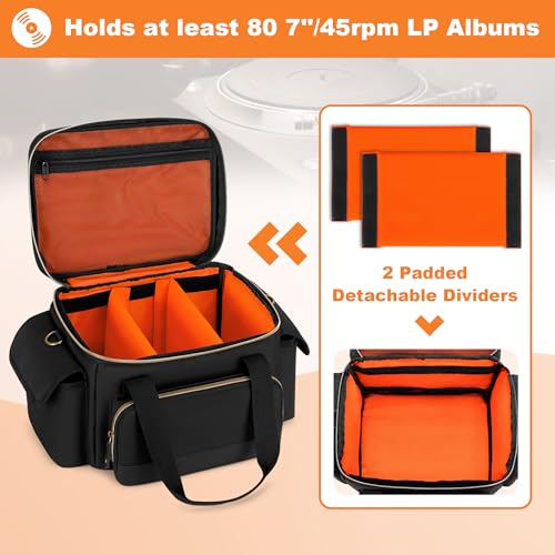 Damero Vinyl Record Storage Box for 7 Inch Records, Album Storage Carrying Bag for 80+ LP Records, Vinyl Record Carrying Bag with Dividers for Travel, Collection, Concert, Bag Only