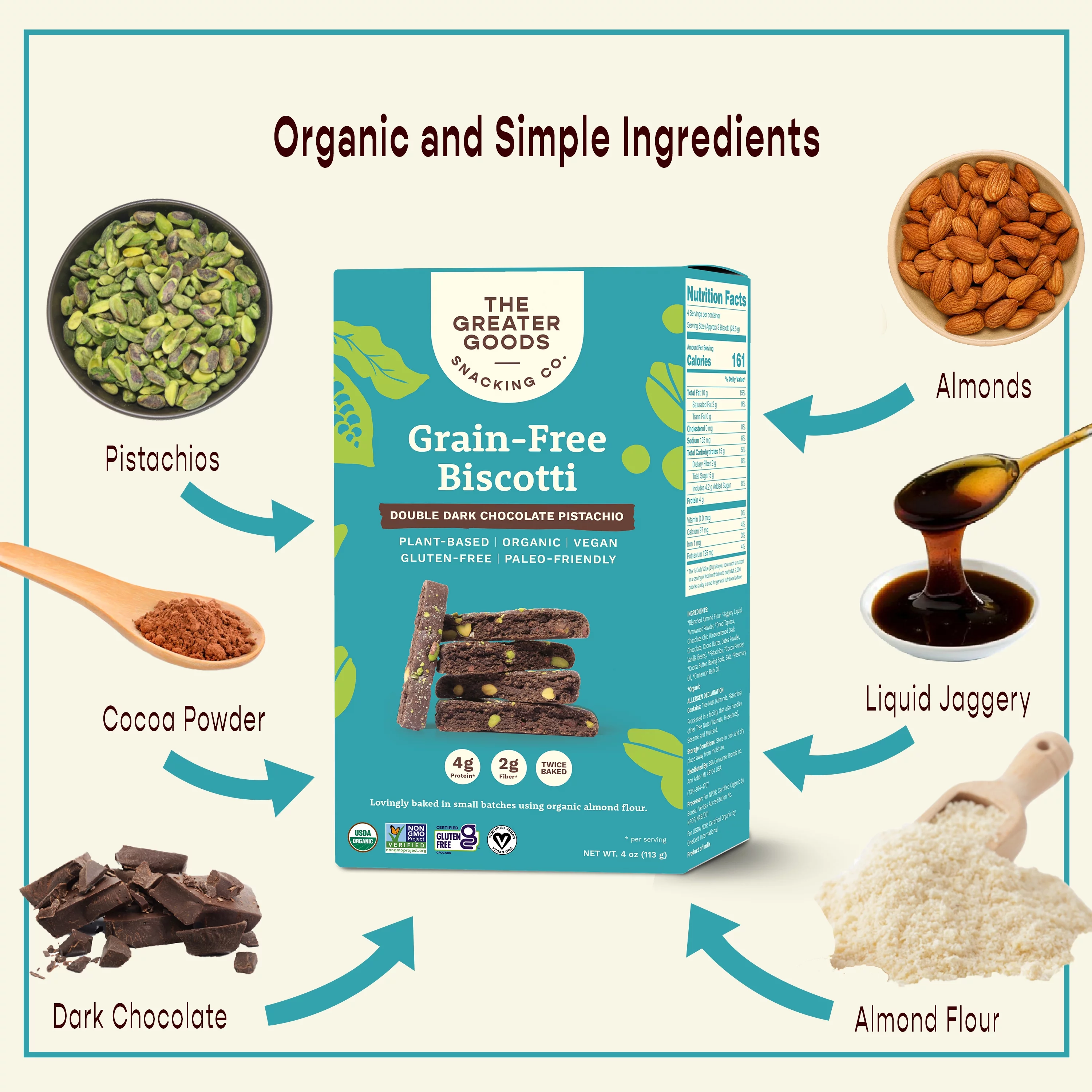 The Greater Goods Snacking Co., Gluten Free Double Dark Chocolate Pistachio Biscotti Cookies, 4oz, 6 Boxes