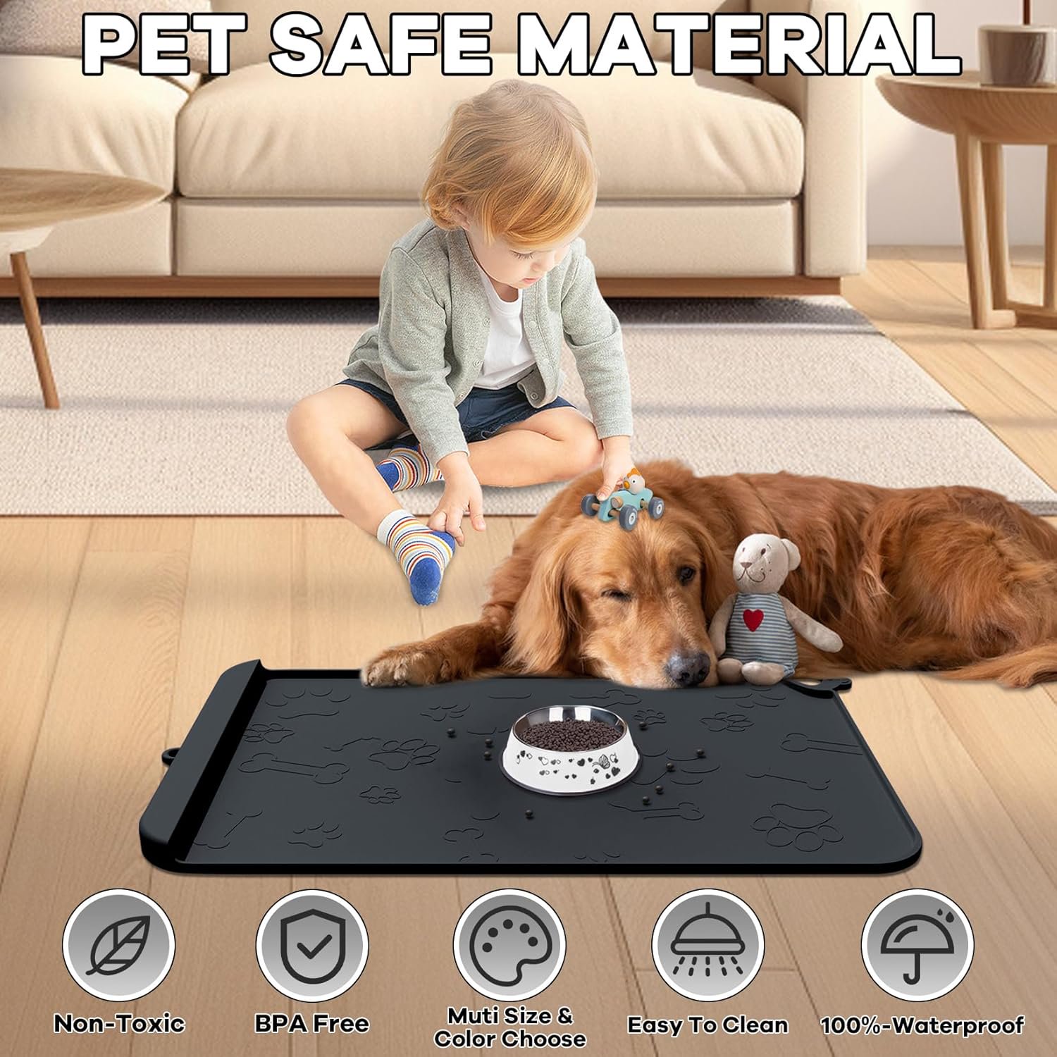 Large Silicone Pet Feeding Mat with Residue Pocket, Waterproof & Non-Slip, Easy to Clean for Dogs and Cats