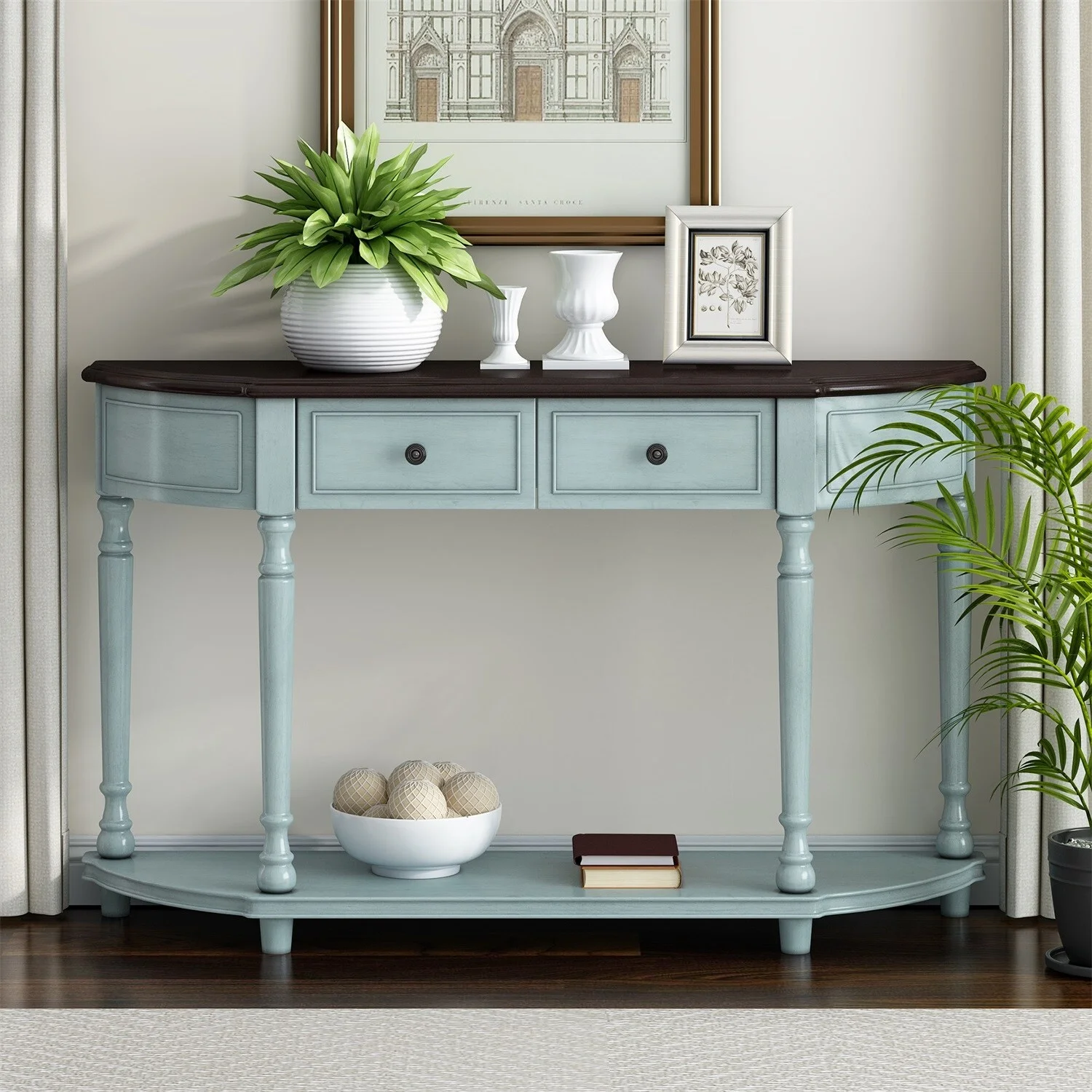 MERAX  Retro Circular Curved Console Table with Two Top Drawers Cherry & Antique Blue